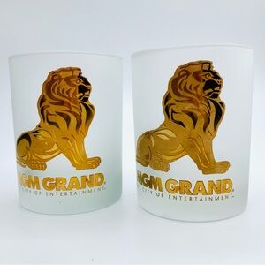 Vtg Las Vegas MGM Grand Casino Hotel Frosted Whiskey Lowball Glasses Gold Lions